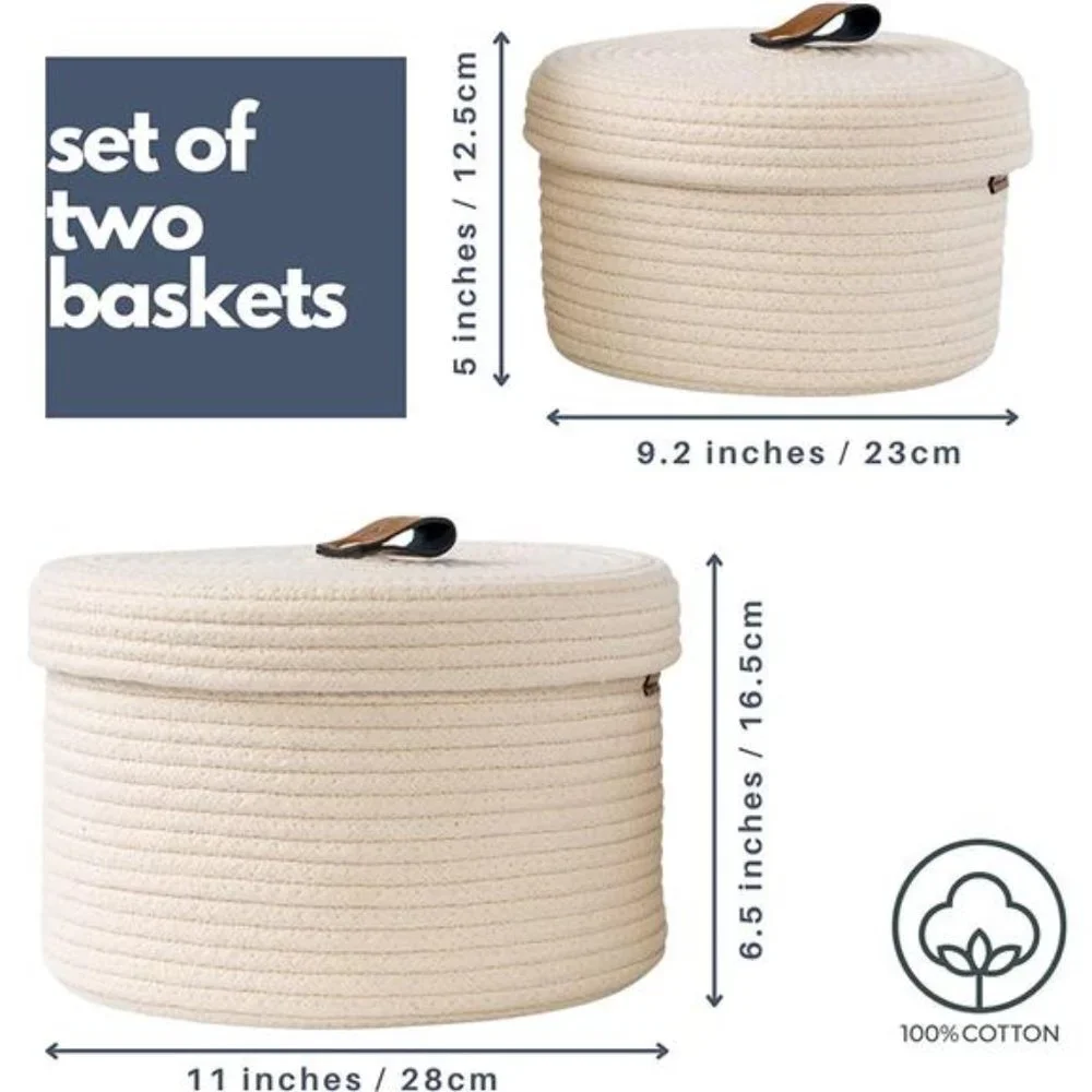Set of 2 Decorative Baskets with Lids for Organizing - Natural Cotton Rope